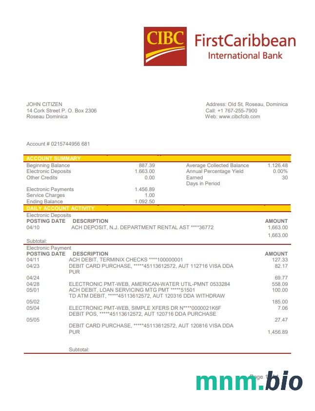 Dominica CIBC First Caribbean International wyciąg bankowy łatwy do wypełnienia szablon .xls i .format pliku pdf